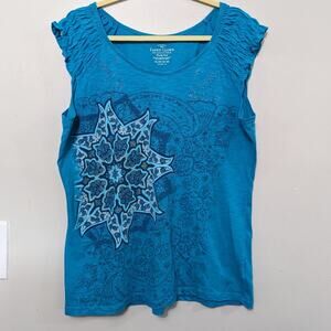 Faded Glory Women's Sleeveless Ruffle Shoulder Turquoise/White Top Size XL